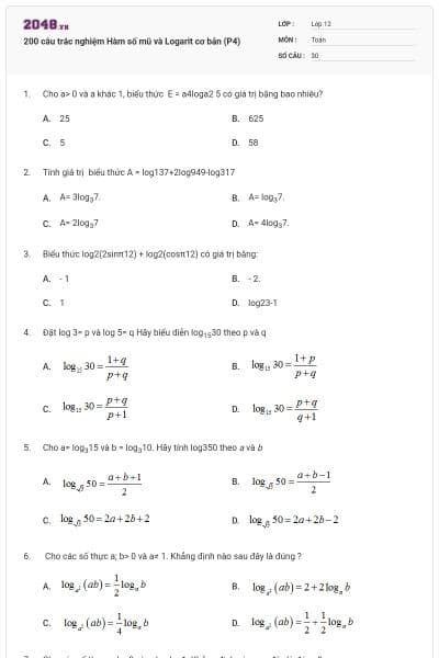 200 câu trắc nghiệm Hàm số mũ và Logarit cơ bản (P4)