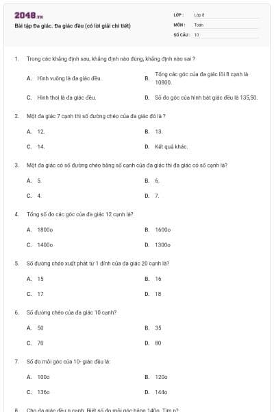 Bài tập Đa giác. Đa giác đều (có lời giải chi tiết)