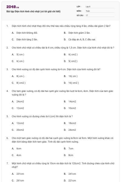 Bài tập Diện tích hình chữ nhật (có lời giải chi tiết)
