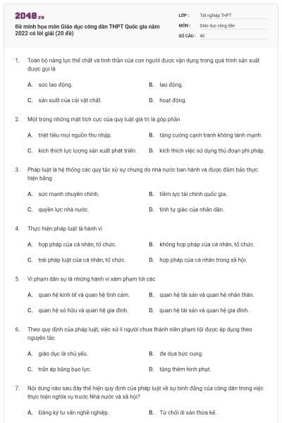 Đề minh họa môn Giáo dục công dân THPT Quốc gia năm 2022 có lời giải (20 đề)