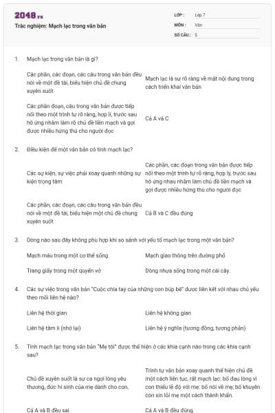 Trắc nghiệm: Mạch lạc trong văn bản