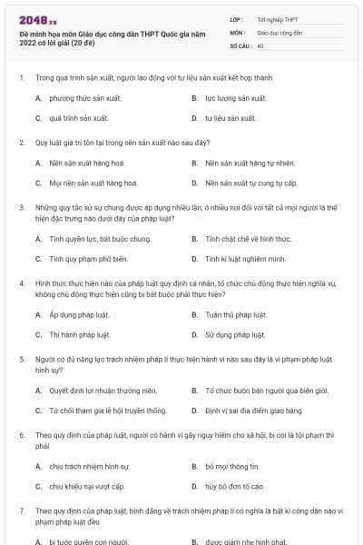Đề minh họa môn Giáo dục công dân THPT Quốc gia năm 2022 có lời giải (20 đề)