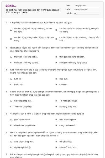 Đề minh họa môn Giáo dục công dân THPT Quốc gia năm 2022 có lời giải (20 đề)