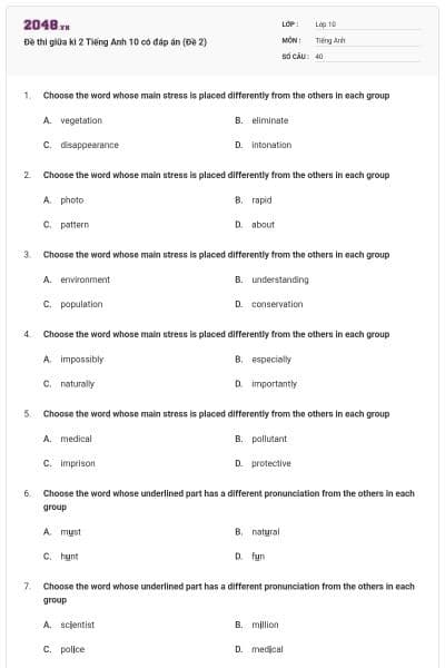Đề thi giữa kì 2 Tiếng Anh 10 có đáp án (Đề 2)