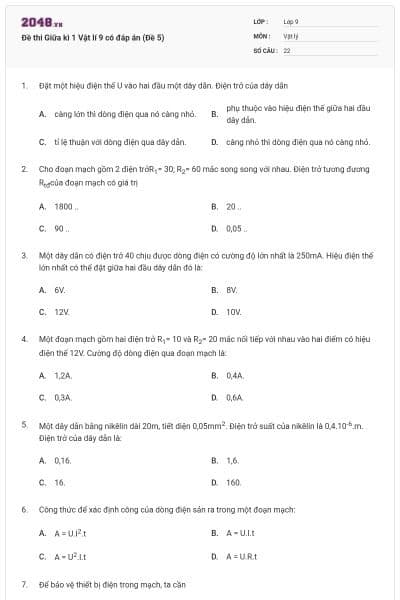 Đề thi Giữa kì 1 Vật lí 9 có đáp án (Đề 5)