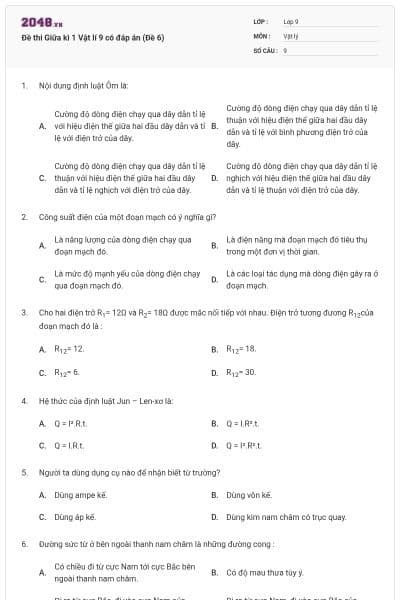 Đề thi Giữa kì 1 Vật lí 9 có đáp án (Đề 6)