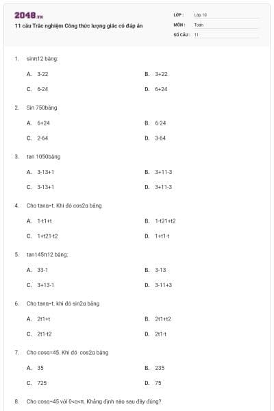11 câu Trắc nghiệm Công thức lượng giác có đáp án