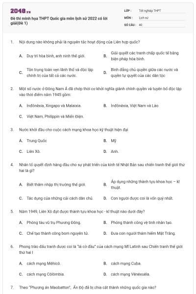 Đề thi minh họa THPT Quốc gia môn lịch sử 2022 có lời giải(Đề 1)