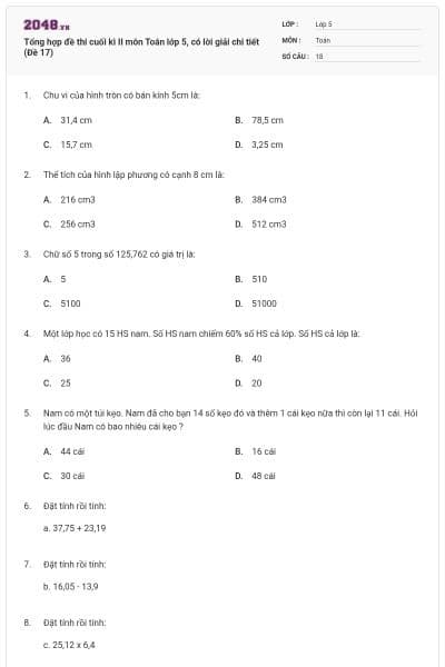 Tổng hợp đề thi cuối kì II môn Toán lớp 5, có lời giải chi tiết (Đề 17)