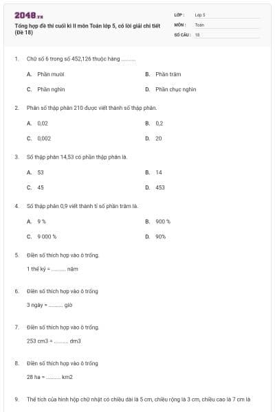 Tổng hợp đề thi cuối kì II môn Toán lớp 5, có lời giải chi tiết (Đề 18)