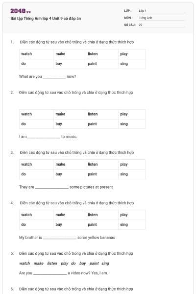 Bài tập Tiếng Anh lớp 4 Unit 9 có đáp án