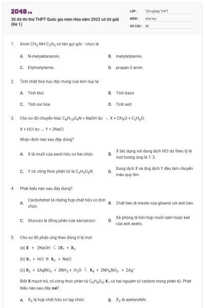 30 đề thi thử THPT Quốc gia môn Hóa năm 2022 có lời giải (Đề 1)