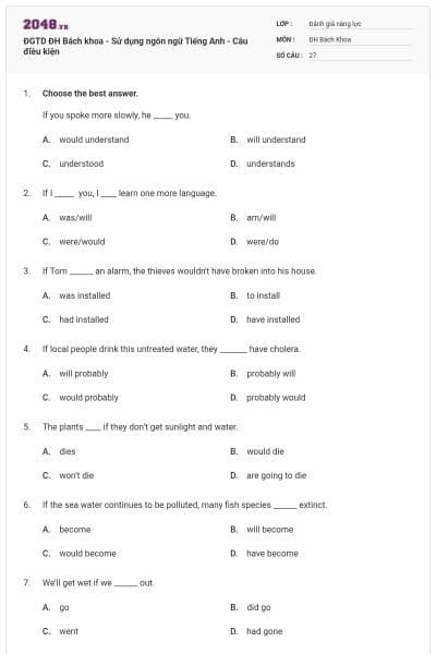 ĐGTD ĐH Bách khoa - Sử dụng ngôn ngữ Tiếng Anh - Câu điều kiện