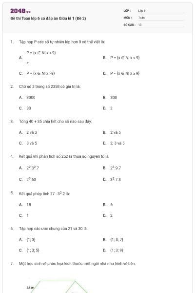 Đề thi Toán lớp 6 có đáp án Giữa kì 1 (Đề 2)