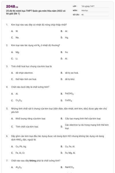 25 đề thi minh họa THPT Quốc gia môn Hóa năm 2022 có lời giải (Đề 1)