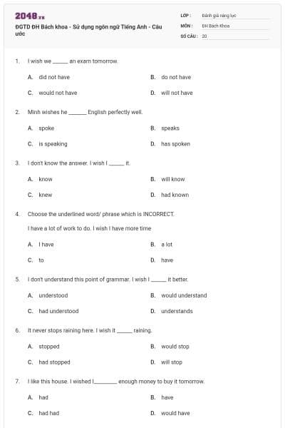 ĐGTD ĐH Bách khoa - Sử dụng ngôn ngữ Tiếng Anh - Câu ước