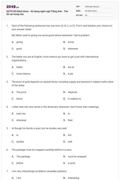 ĐGTD ĐH Bách khoa - Sử dụng ngôn ngữ Tiếng Anh - Tìm lỗi sai trong câu