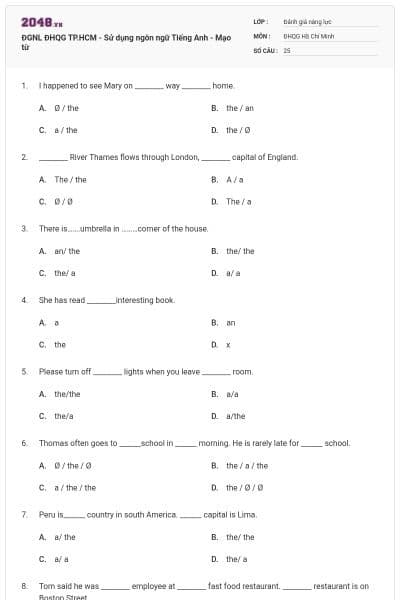 ĐGNL ĐHQG TP.HCM - Sử dụng ngôn ngữ Tiếng Anh - Mạo từ