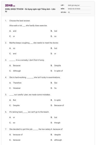 ĐGNL ĐHQG TP.HCM - Sử dụng ngôn ngữ Tiếng Anh - Liên từ