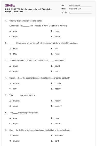 ĐGNL ĐHQG TP.HCM - Sử dụng ngôn ngữ Tiếng Anh - Động từ khuyết thiếu