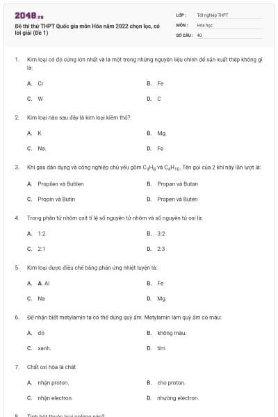 Đề thi thử THPT Quốc gia môn Hóa năm 2022 chọn lọc, có lời giải (Đề 1)