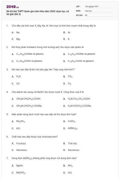 Đề thi thử THPT Quốc gia môn Hóa năm 2022 chọn lọc, có lời giải (Đề 2)