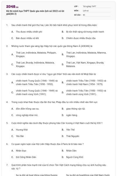Đề thi minh họa THPT Quốc gia môn lịch sử 2022 có lời giải(Đề 3)