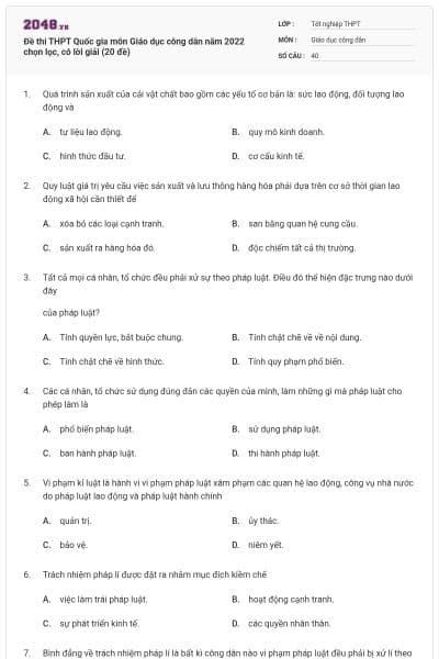 Đề thi THPT Quốc gia môn Giáo dục công dân năm 2022 chọn lọc, có lời giải (20 đề)