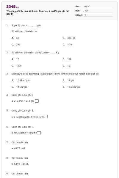 Tổng hợp đề thi cuối kì II môn Toán lớp 5, có lời giải chi tiết (Đề 19)