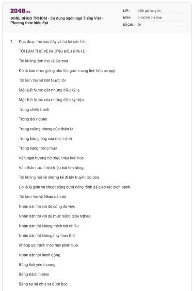 ĐGNL ĐHQG TP.HCM - Sử dụng ngôn ngữ Tiếng Việt - Phương thức biểu đạt