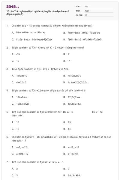 13 câu Trắc nghiệm Định nghĩa và ý nghĩa của đạo hàm có đáp án (phần 2)