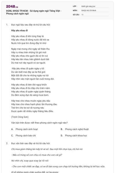 ĐGNL ĐHQG TP.HCM - Sử dụng ngôn ngữ Tiếng Việt - Phong cách ngôn ngữ