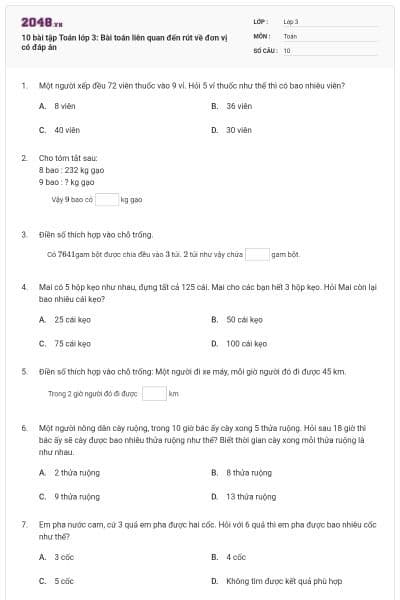 10 bài tập Toán lớp 3: Bài toán liên quan đến rút về đơn vị có đáp án