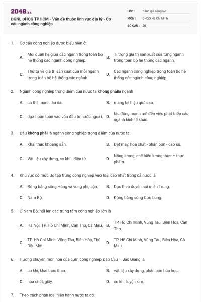 ĐGNL ĐHQG TP.HCM - Vấn đề thuộc lĩnh vực địa lý - Cơ cấu ngành công nghiệp