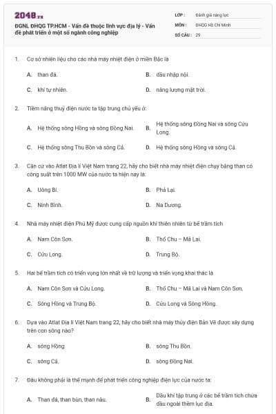 ĐGNL ĐHQG TP.HCM - Vấn đề thuộc lĩnh vực địa lý - Vấn đề phát triển ở một số ngành công nghiệp