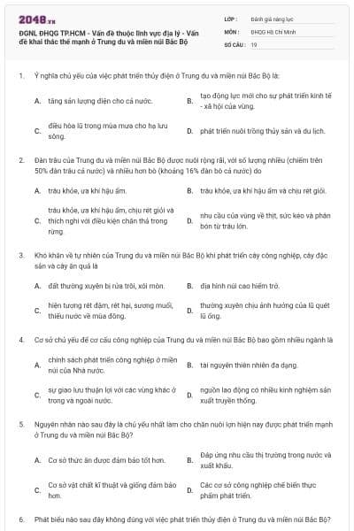 ĐGNL ĐHQG TP.HCM - Vấn đề thuộc lĩnh vực địa lý - Vấn đề khai thác thế mạnh ở Trung du và miền núi Bắc Bộ