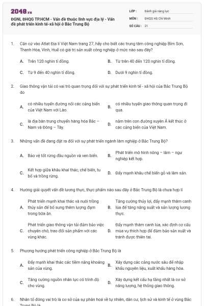 ĐGNL ĐHQG TP.HCM - Vấn đề thuộc lĩnh vực địa lý - Vấn đề phát triển kinh tế-xã hội ở Bắc Trung Bộ