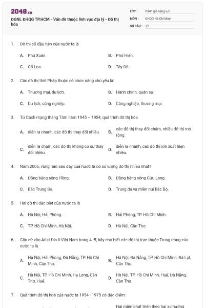 ĐGNL ĐHQG TP.HCM - Vấn đề thuộc lĩnh vực địa lý - Đô thị hóa