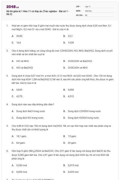 Đề thi giữa kì 1 Hóa 11 có đáp án (Trắc nghiệm - Bài số 1 - Đề 2)