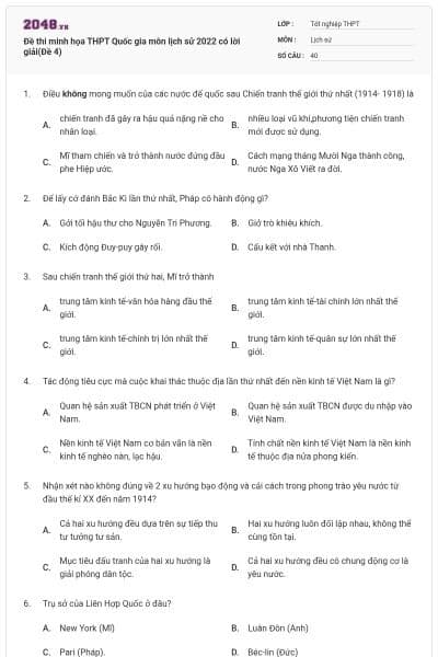 Đề thi minh họa THPT Quốc gia môn lịch sử 2022 có lời giải(Đề 4)