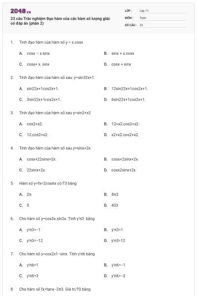 23 câu Trắc nghiệm Đạo hàm của các hàm số lượng giác có đáp án (phần 2)