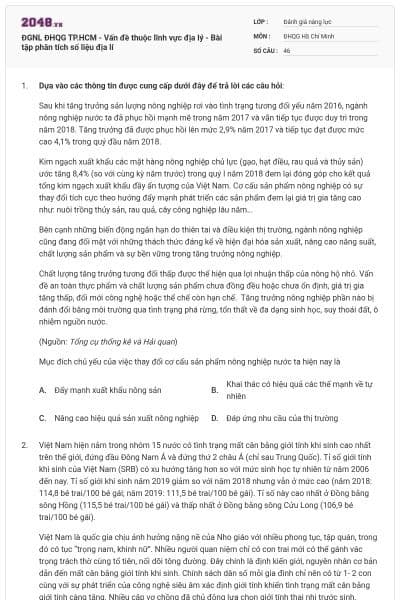 ĐGNL ĐHQG TP.HCM - Vấn đề thuộc lĩnh vực địa lý - Bài tập phân tích số liệu địa lí