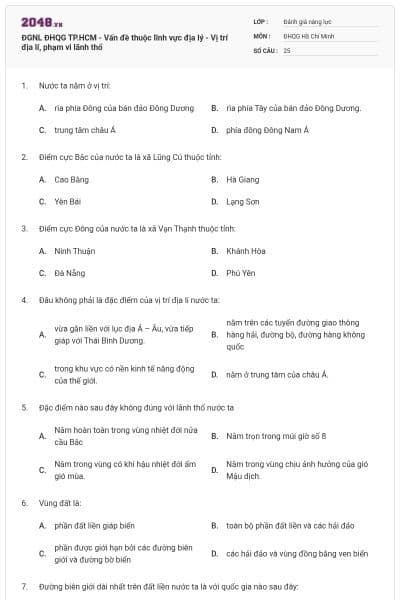 ĐGNL ĐHQG TP.HCM - Vấn đề thuộc lĩnh vực địa lý - Vị trí địa lí, phạm vi lãnh thổ