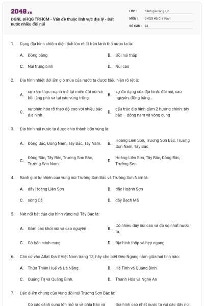 ĐGNL ĐHQG TP.HCM - Vấn đề thuộc lĩnh vực địa lý - Đất nước nhiều đồi núi