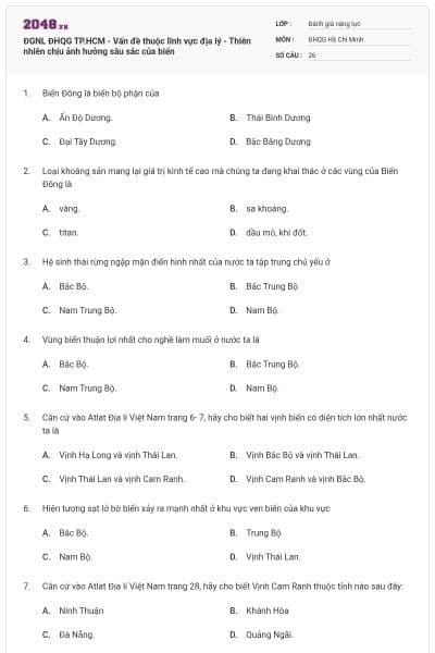 ĐGNL ĐHQG TP.HCM - Vấn đề thuộc lĩnh vực địa lý - Thiên nhiên chịu ảnh hưởng sâu sắc của biển