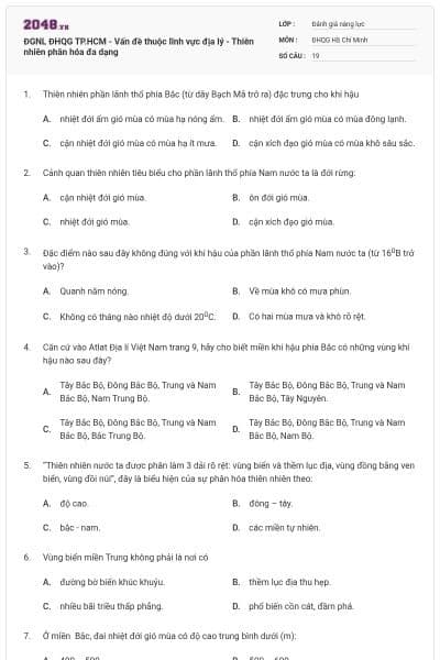 ĐGNL ĐHQG TP.HCM - Vấn đề thuộc lĩnh vực địa lý - Thiên nhiên phân hóa đa dạng