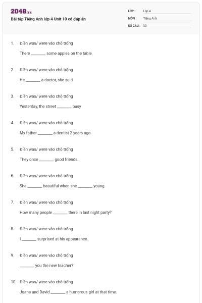 Bài tập Tiếng Anh lớp 4 Unit 10 có đáp án