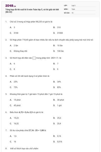 Tổng hợp đề thi cuối kì II môn Toán lớp 5, có lời giải chi tiết (Đề 22)