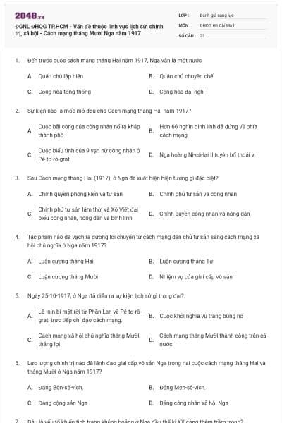 ĐGNL ĐHQG TP.HCM - Vấn đề thuộc lĩnh vực lịch sử, chính trị, xã hội - Cách mạng tháng Mười Nga năm 1917