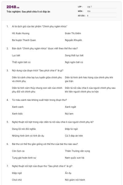 Trắc nghiệm: Sau phút chia li có đáp án